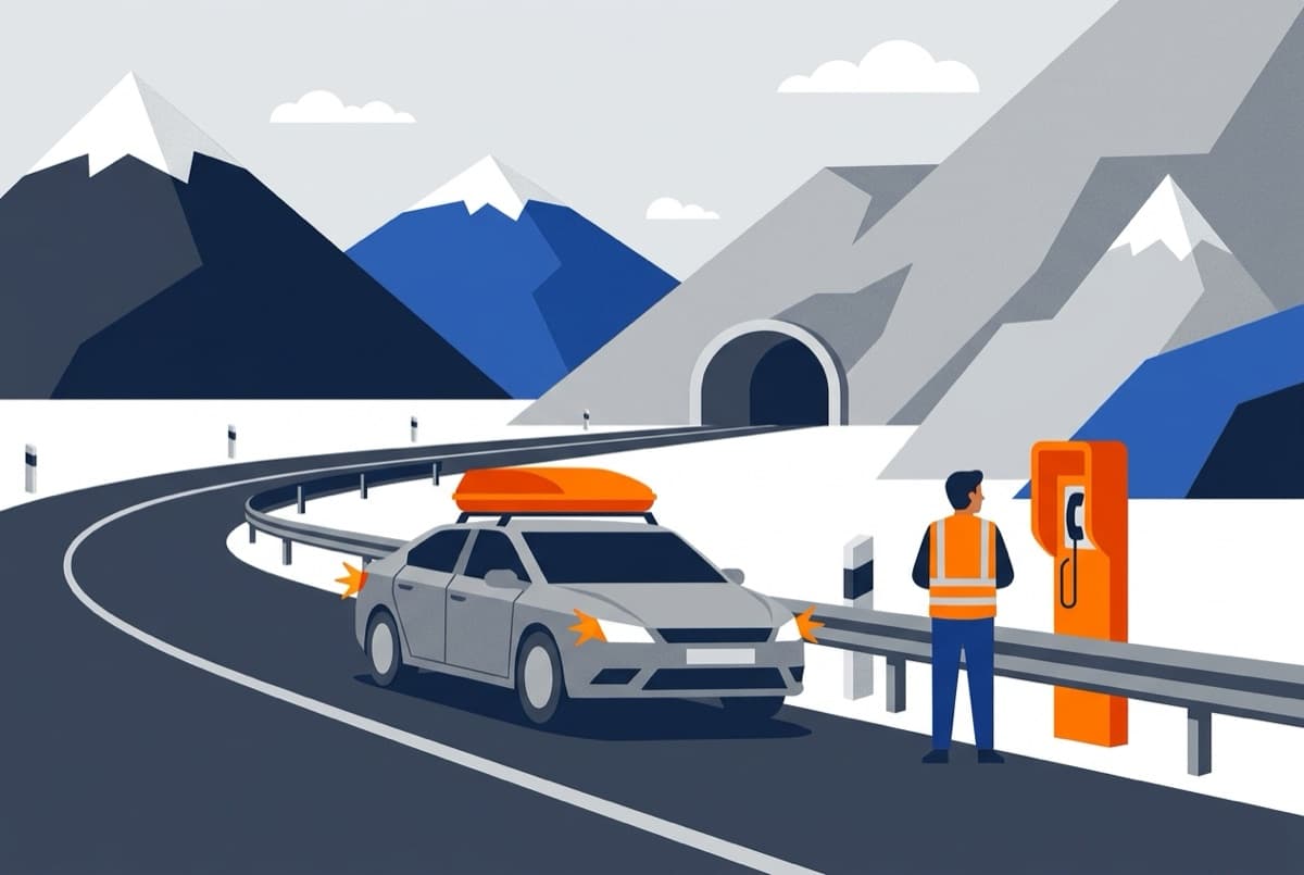 Illustratie: Nederlandse auto met dakkoffer bij een oranje praatpaal langs een buitenlandse bergweg