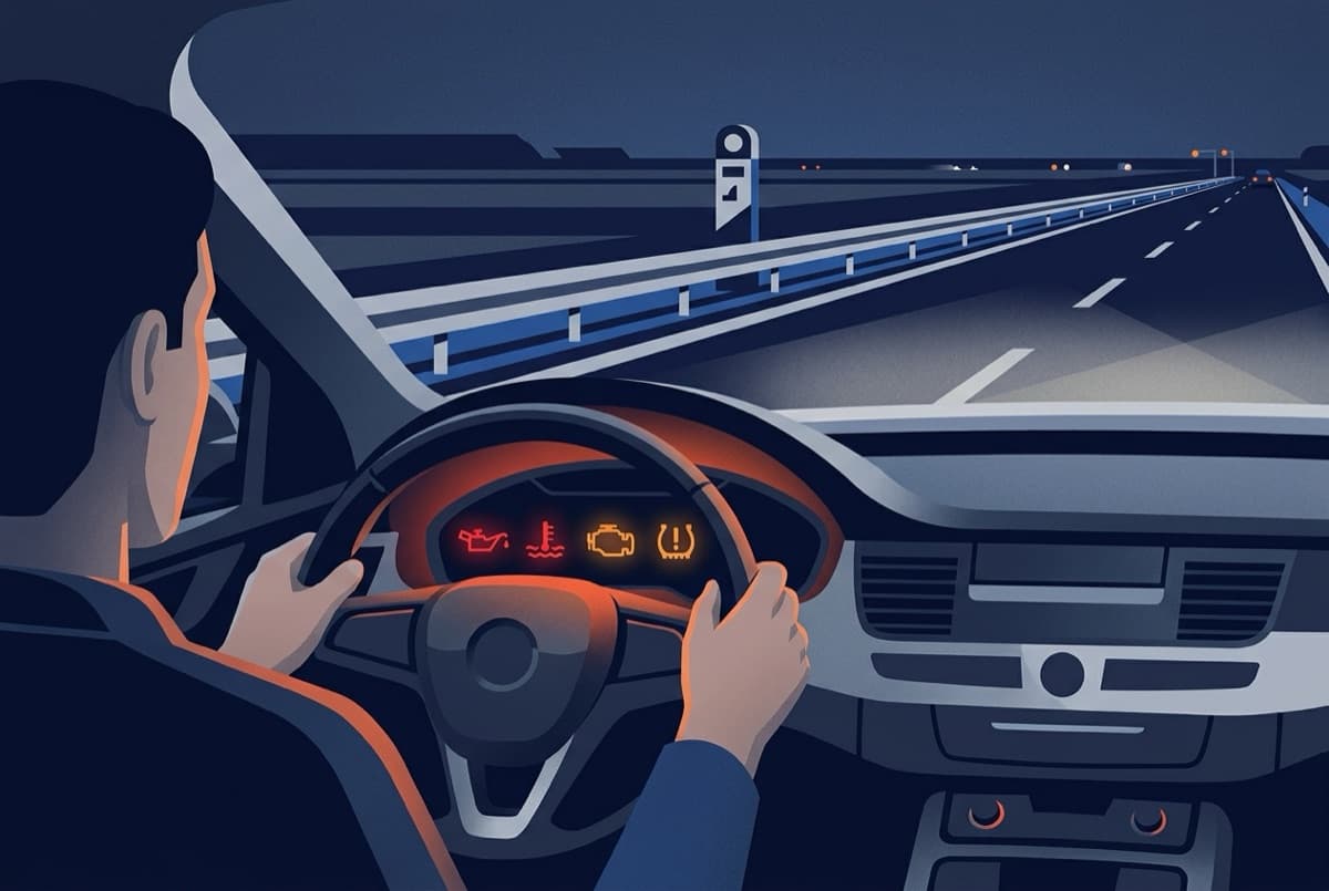 Illustratie: dashboard met gloeiende waarschuwingssymbolen, bestuurder kijkt aandachtig