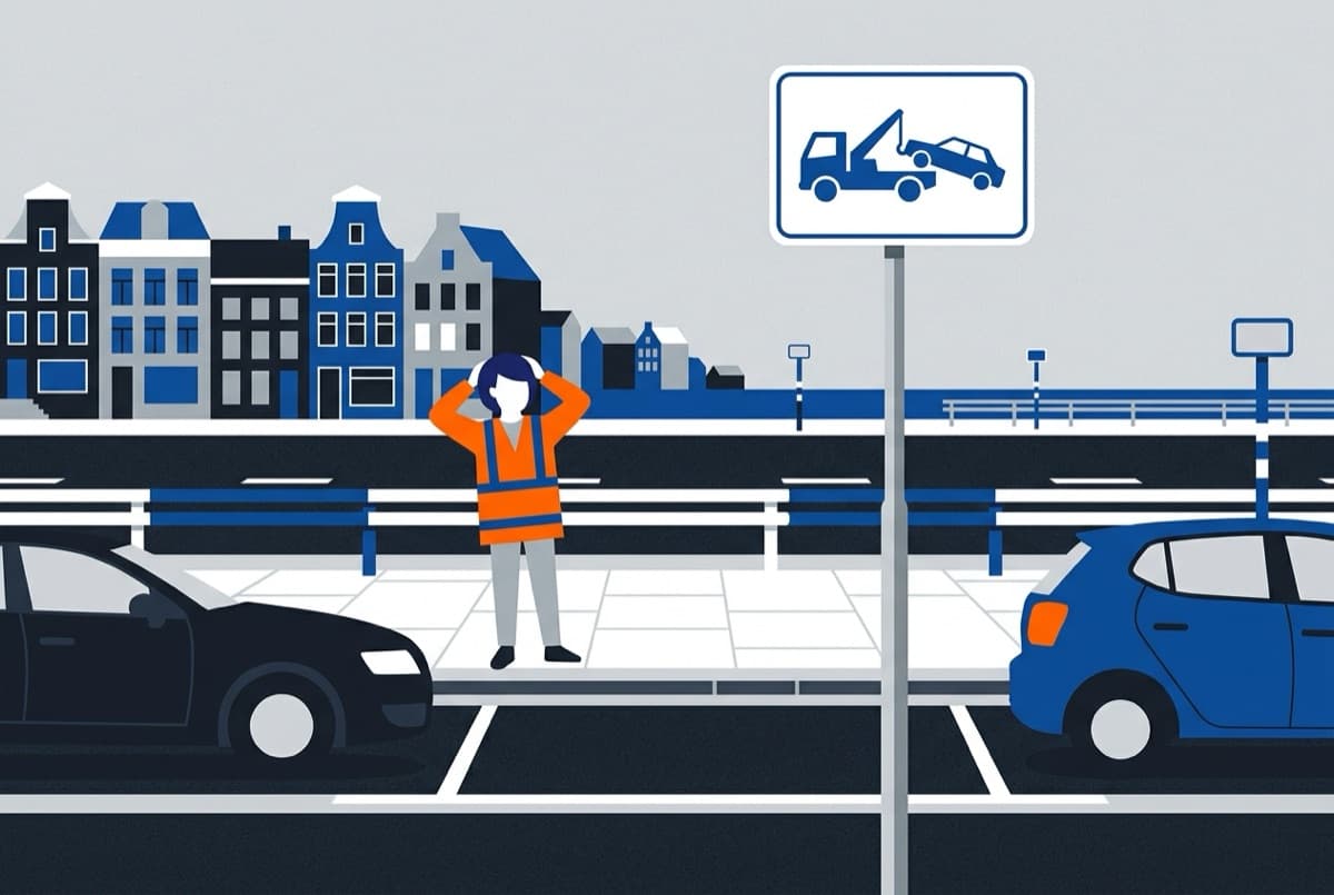Illustratie: lege parkeerplek met wegsleepbord waar een verbaasde persoon naar kijkt
