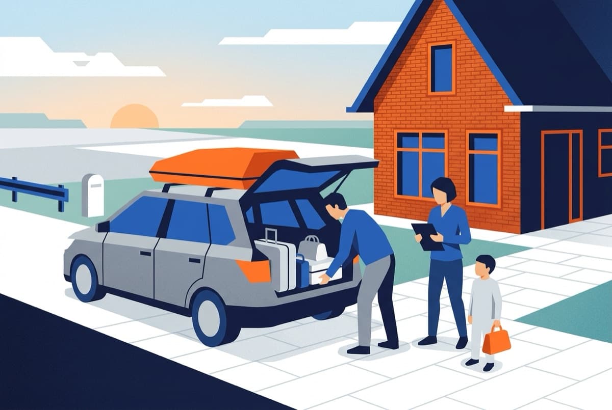 Illustratie: gezin pakt de auto in voor vakantie, goed voorbereid op weg
