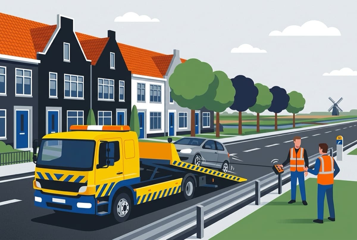 Illustratie: gele sleepwagen laadt een auto op in een woonstraat