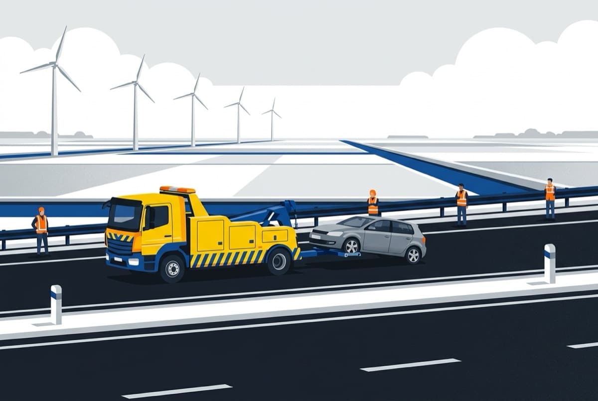 Illustratie: sleepwagen sleept een personenauto over een Nederlandse weg
