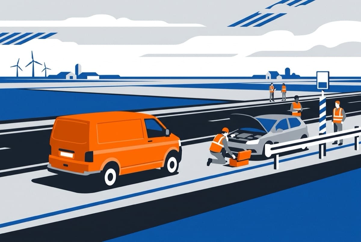 Illustratie: pechhulpmonteur in oranje bus helpt een gestrande auto