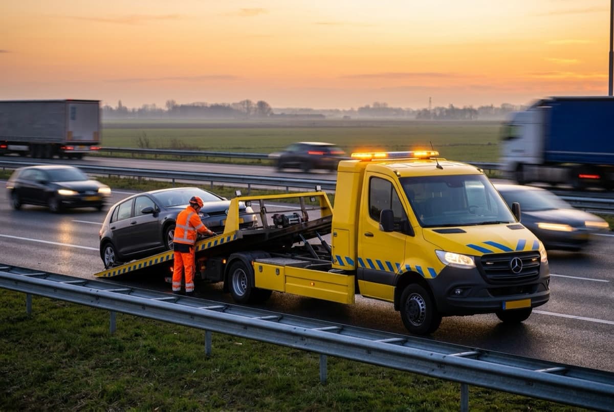 Foto: berger met zwaailicht laadt bij schemering een auto op een oprijwagen langs een Nederlandse snelweg