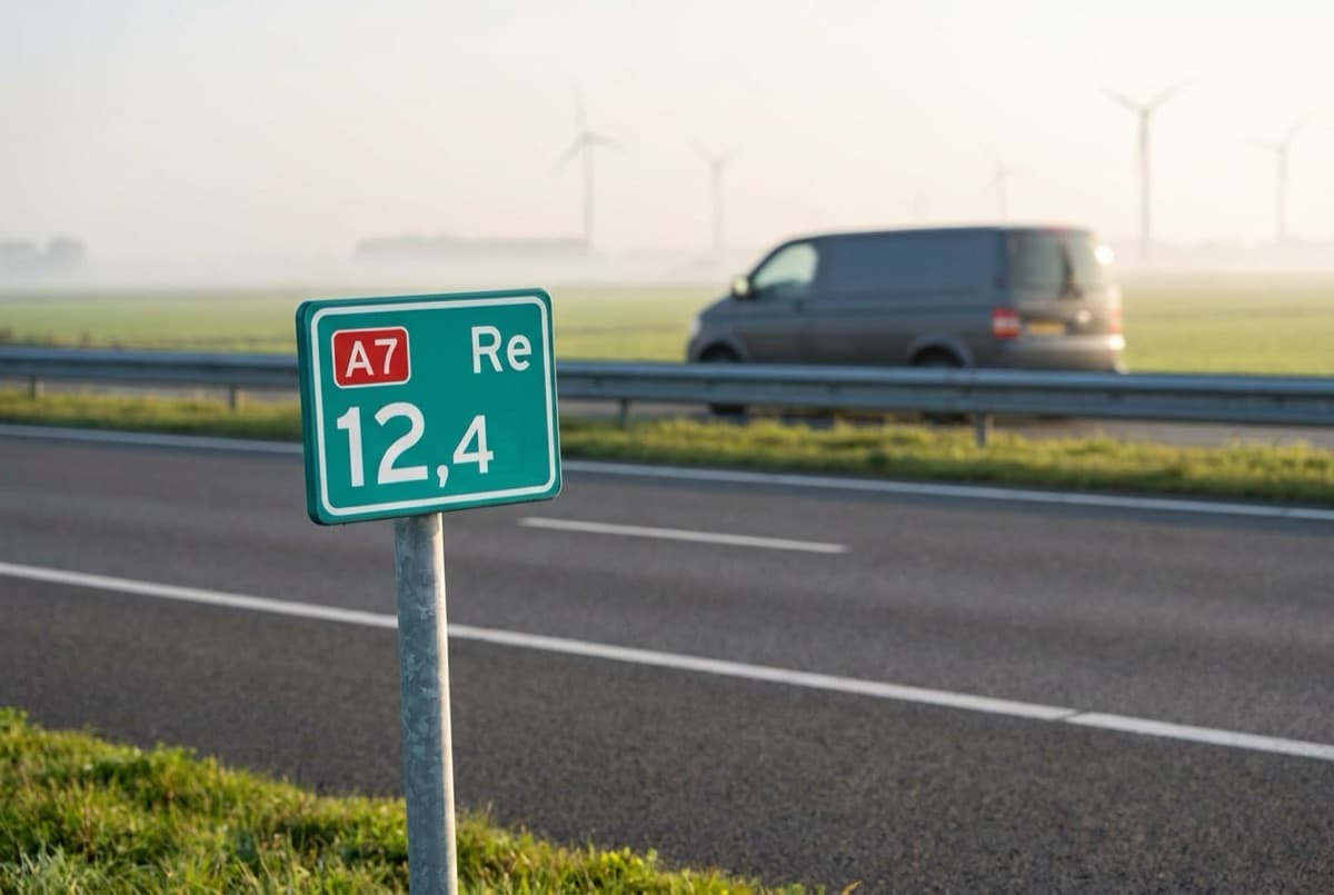 Foto: Nederlandse snelweg in de vroege ochtend met hectometerpaaltje en passerend busje