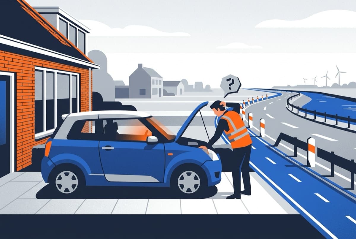 Illustratie: bestuurder kijkt onder de geopende motorkap van een auto die niet start