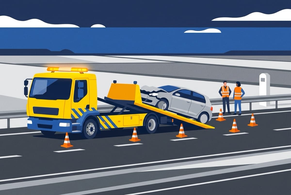 Illustratie: berger laadt een beschadigde auto op een oprijwagen, afgezet met pionnen