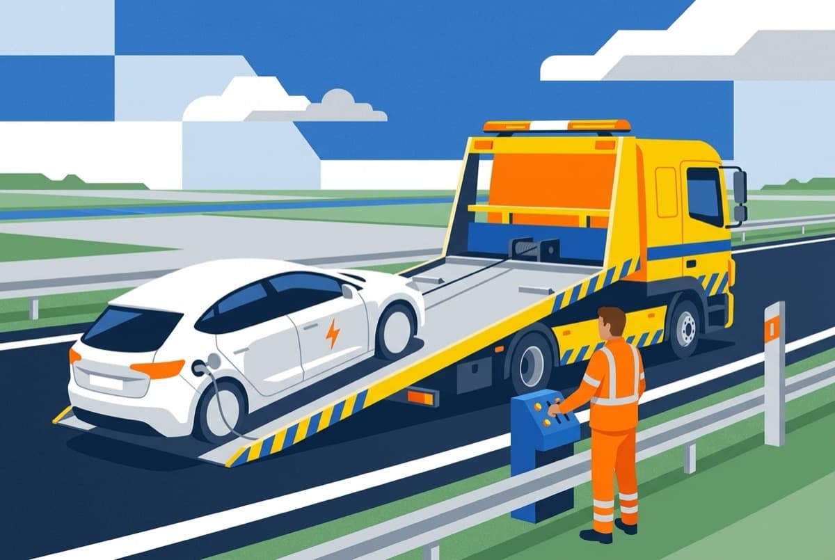 Illustratie: elektrische auto wordt op een vlakke oprijwagen geladen