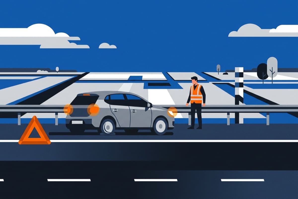 Illustratie: auto met een duidelijk lekke achterband op de vluchtstrook, bestuurder met veiligheidshesje achter de vangrail