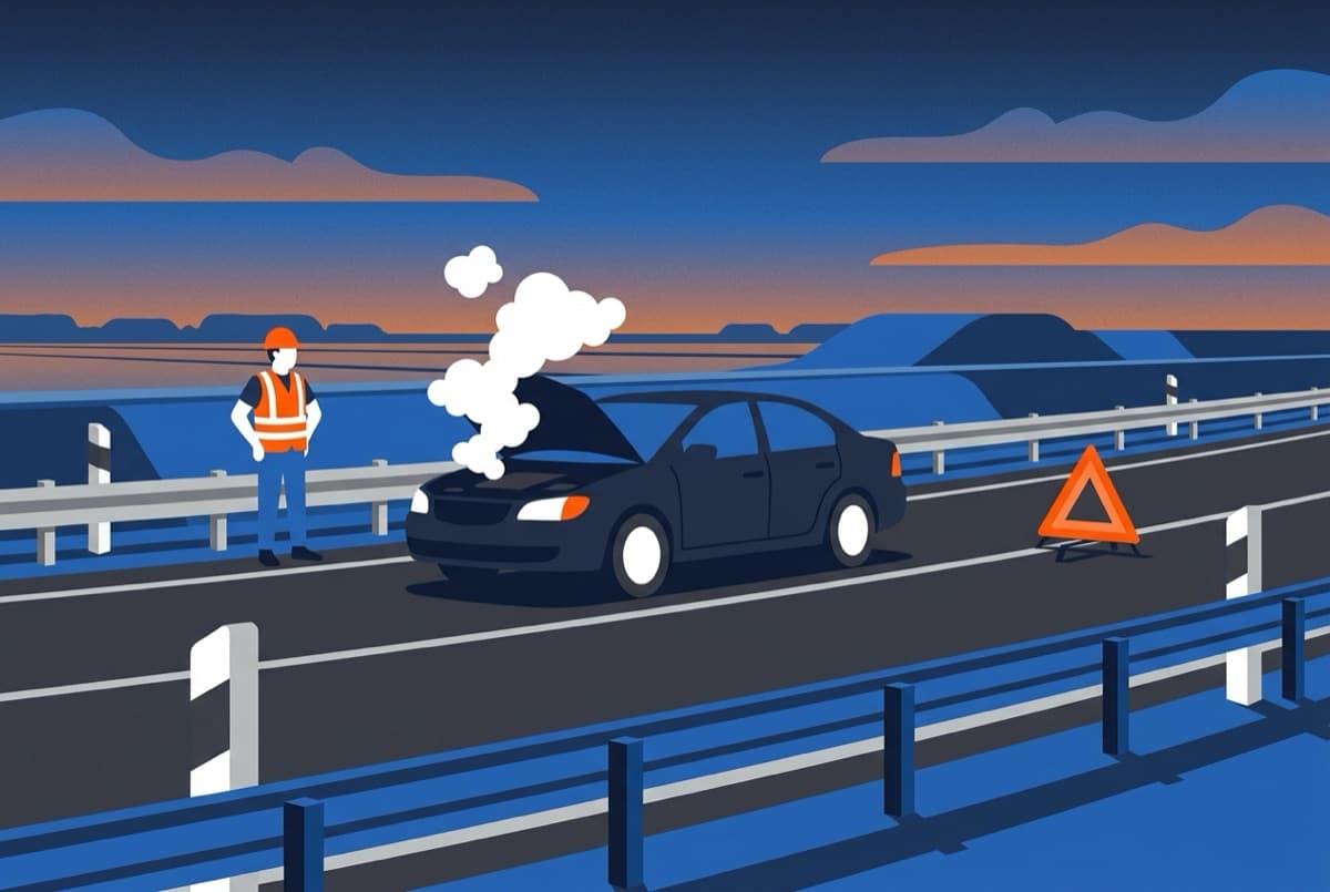 Illustratie: stoom komt onder de motorkap vandaan, bestuurder wacht op veilige afstand