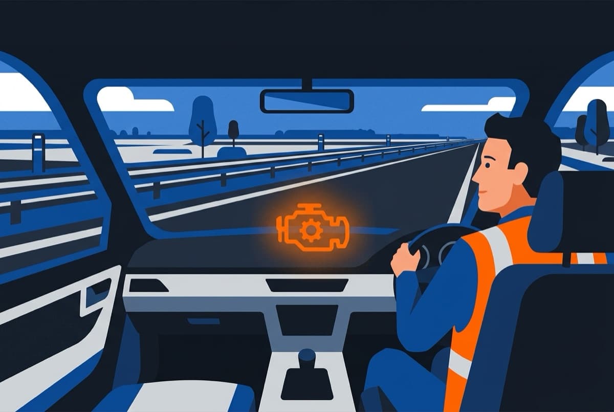 Illustratie: auto met een oranje gloeiend waarschuwingssymbool boven het dashboard