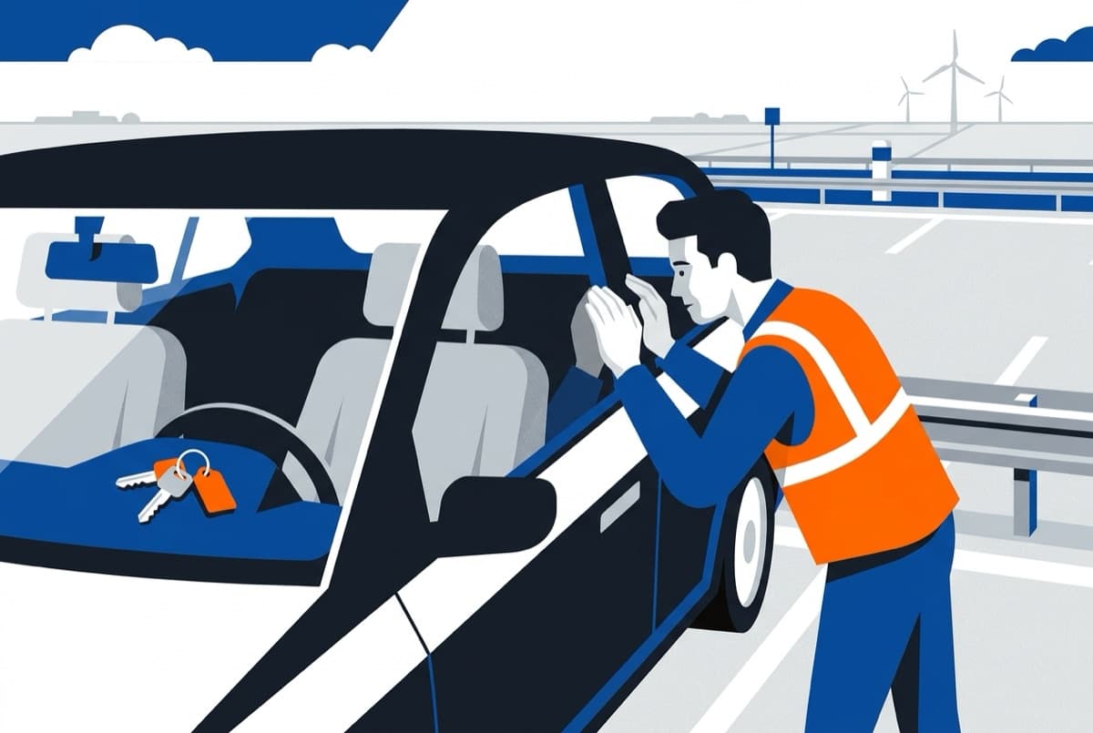 Illustratie: autosleutels liggen zichtbaar op de autostoel terwijl de eigenaar door het raam kijkt