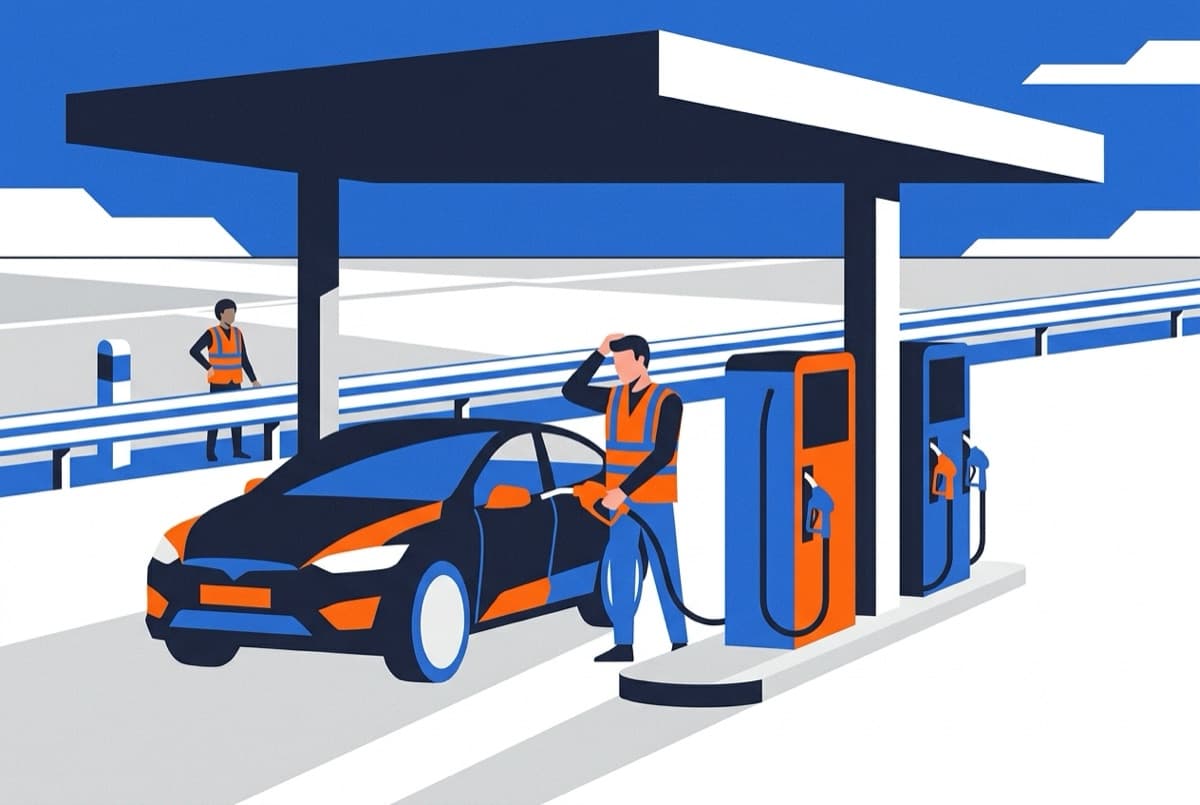 Illustratie: bestuurder bij een tankstation beseft dat de verkeerde brandstof is getankt